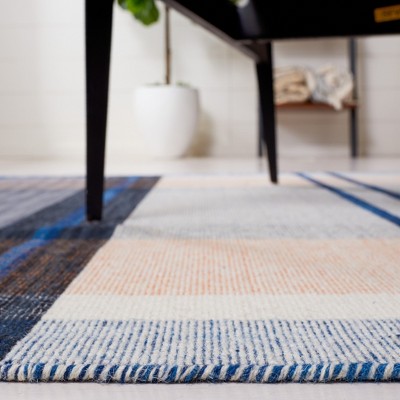 Blue and Orange Striped Wool Square Area Rug
