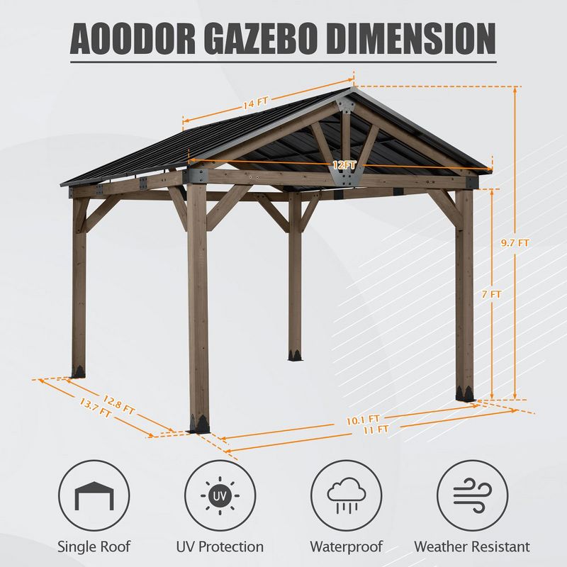 Aoodor 10 x 12 ft./12 x 14 ft. Wood Gazebo,Outdoor Upgrade Cedar Wooden Frame Gazebo with Single Galvanized Steel Roof, 3 of 9