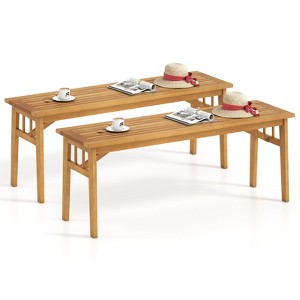 Tangkula 2 PCS Acacia Wood Outdoor Bench 48" Long Backless Wooden Picnic Bench w/ Slatted Seat - 1 of 4