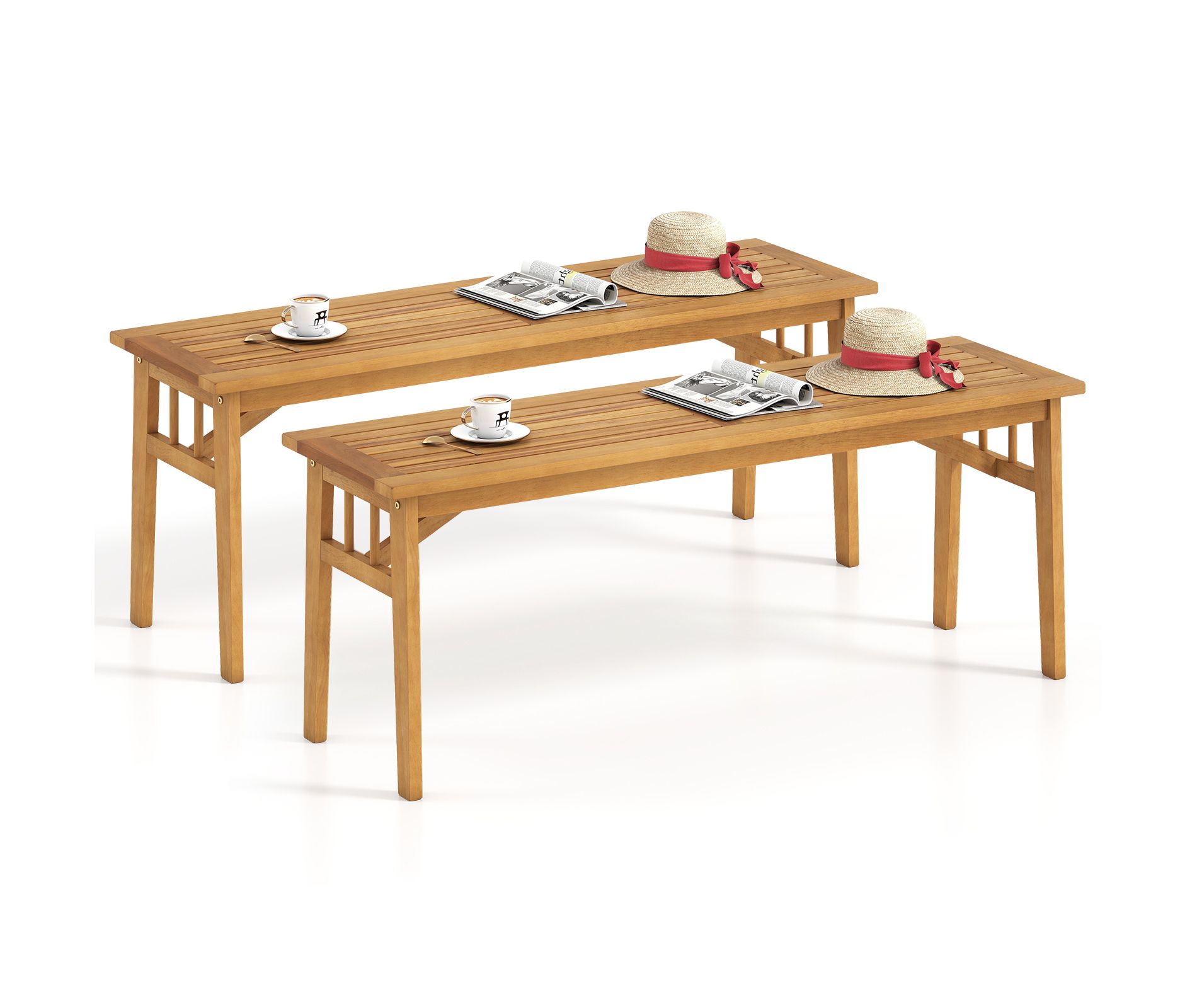 Tangkula 2 PCS Acacia Wood Outdoor Bench 48" Long Backless Wooden Picnic Bench w/ Slatted Seat