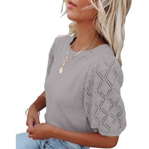Women's Round Neck Short Sleeve Sweater Summer Casual Puff Sleeve Pullover Knit Top - 1 of 4