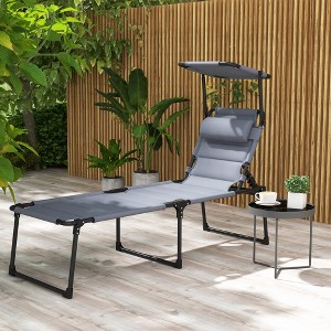 TIRAMISUBEST Adjustable Lounge Chair - Outdoor Folding Chaise with Sunshade & Cushioned Headrest, Reclining Tanning Chair (Gray) - 1 of 4