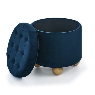 FURNIinspire Ottomans And Benches Round Storage Ottoman Multi Functional Round Flannel Button Ottoman With Storage Space, Blue, 18.50"*18.50"*18.10"