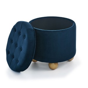 FURNIinspire Ottomans And Benches Round Storage Ottoman Multi Functional Round Flannel Button Ottoman With Storage Space, Blue, 18.50"*18.50"*18.10" - 1 of 4