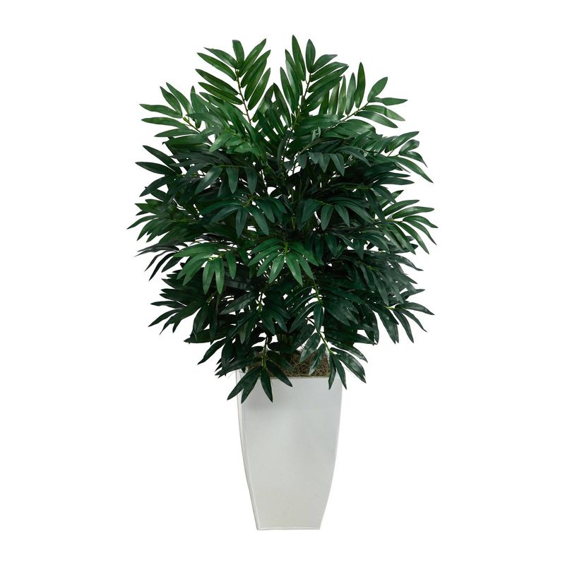 Nearly Natural 3-ft Bamboo Palm Artificial Plant in White Metal Planter, 1 of 5