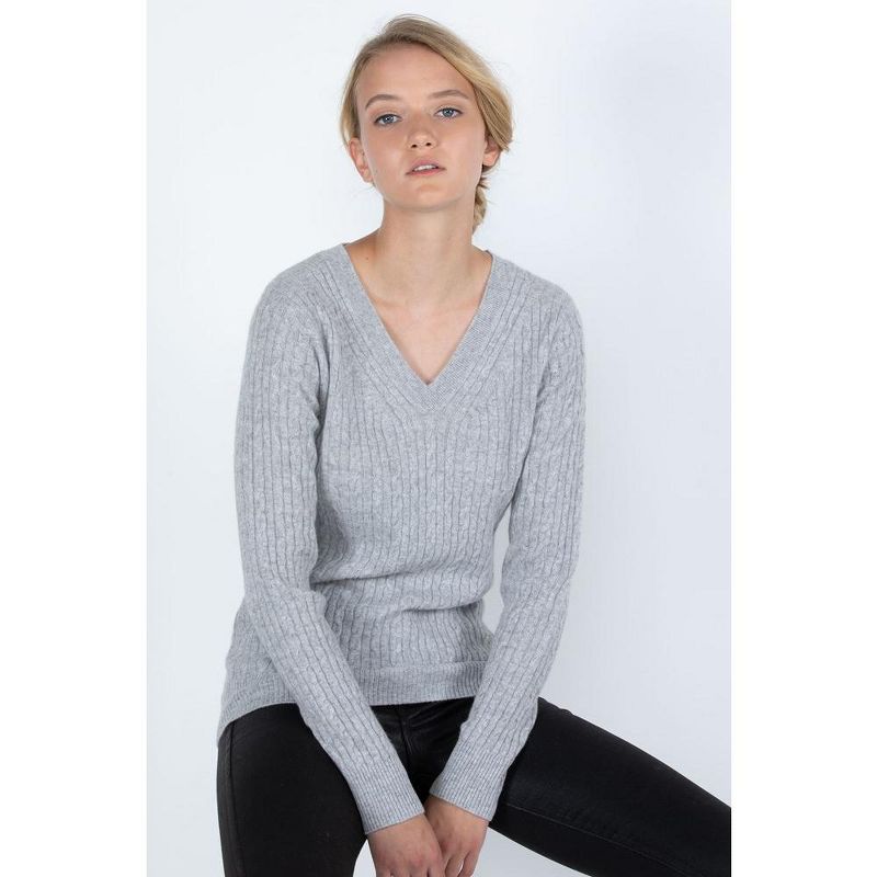 J CASHMERE Women's 100% Cashmere Cable-knit Long Sleeve Pullover V Neck Sweater, 2 of 3