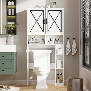 Over Toilet Storage Cabinet Farmhouse Bathroom Cabinet with Paper Holder Rustic White Bathroom Storage Organizer with Doors - 1 of 4