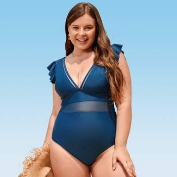 Women's Plus Size One Piece Swimsuit Ruffle Plunge V Neck Bathing Suit-Cupshe