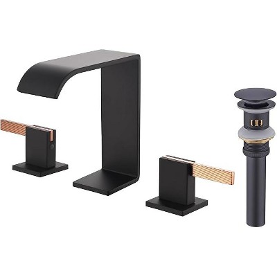 Mixxidea Waterfall Bathroom Sink Faucet 3 Hole, 8 inch with Pop Up Drain Matte Black & Rose Gold