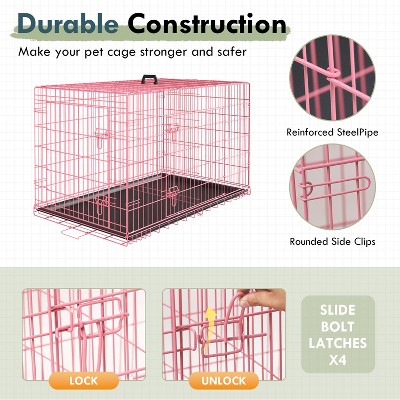 36 Inch Pink Metal Dog Crate with Double Door and Tray