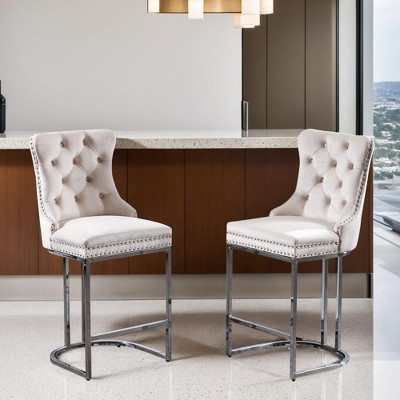 Counter Height Bar Stools Set of 2, Velvet Upholstered Barstools with Sturdy Metal Base Legs, Button Tufted and Nailheads Trim - Leovsnove