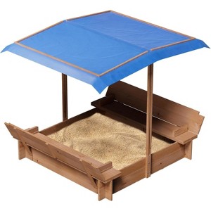 Kids Wooden Sandbox Adjustable Canopy, Sunshade Cover, 2 Foldable Benches & Bottomless Liner for Backyard Fun - 1 of 4