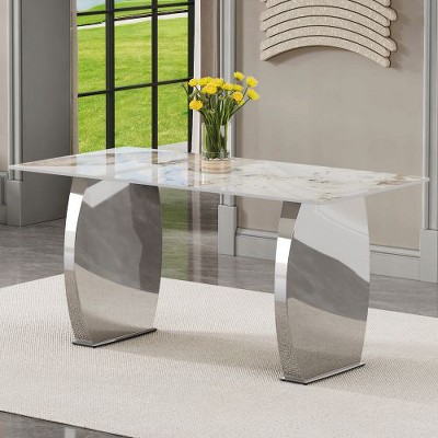 CENGHU Modern Rectangular Dining Table with 0.4" Patterned Tabletop and Gold Legs,  63" *31.4" *30" Kitchen Table for Kitchen, Dining Room