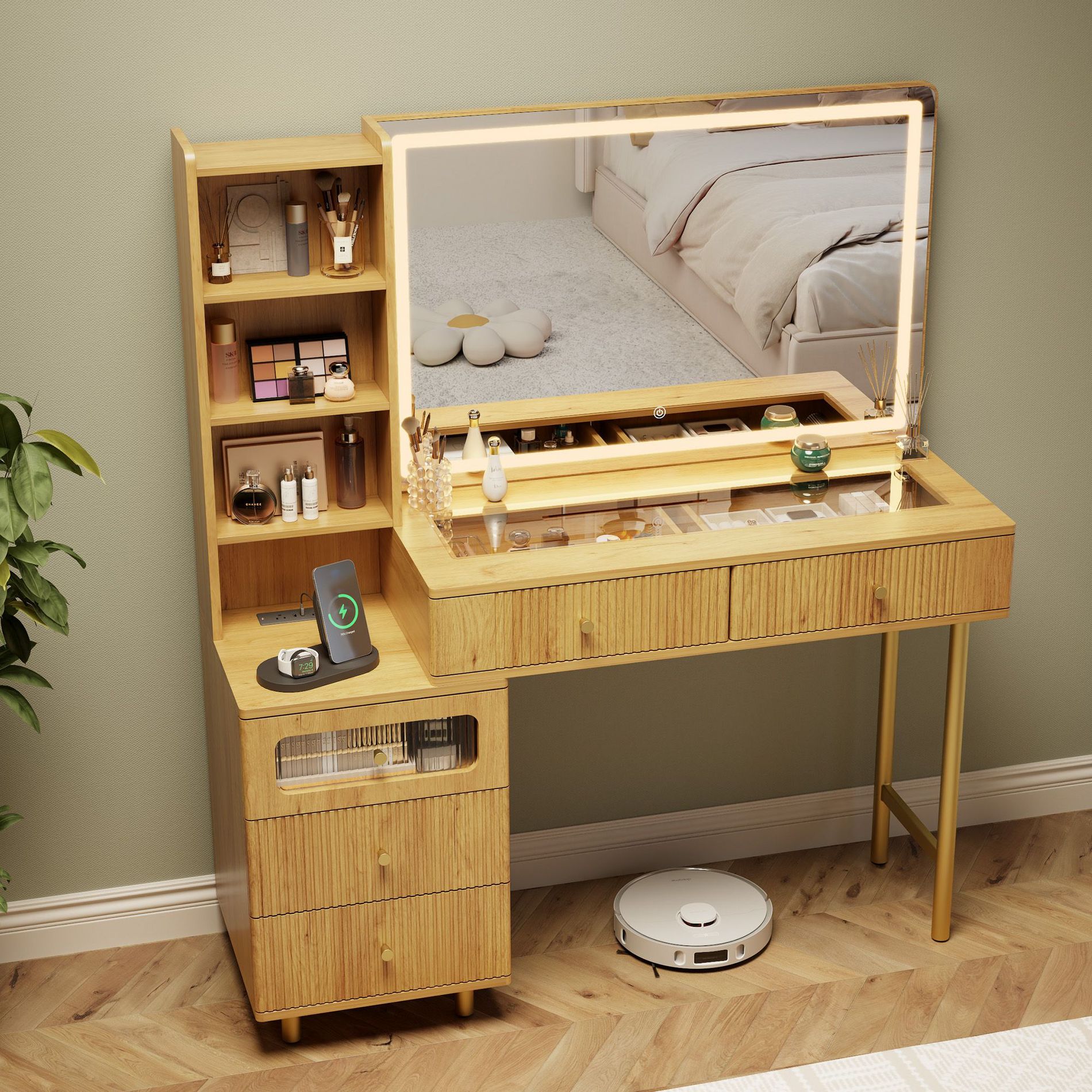 48" Makeup Vanity Desk with Mirror and Lights, Vanity with Glass top and 3 Light Modes & Adjustable Brightness ,Yellow