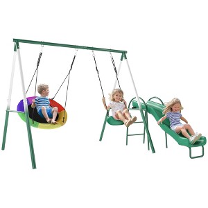Qaba Metal Swing Set with Slide, Heavy Duty Swing Set with Saucer Swing Seat, Heavy Duty A-Frame Metal Stand for Kids Ages 3-8, Dark Green - 1 of 4