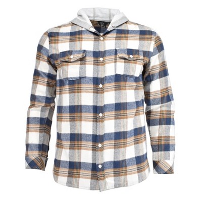 Photo 1 of L--Burnside Men's Yarn Dyed Mid Weight Hooded Flannel Shirt Jacket | Ecru Plaid