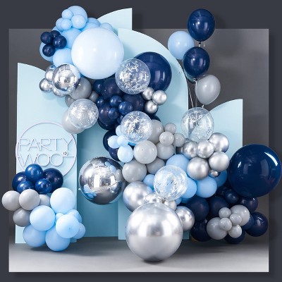 PartyWoo Balloon Arch Kit Blue Navy Light Baby Silver Gray 4D Glitter 18 12 10 5 Inch 140 pcs