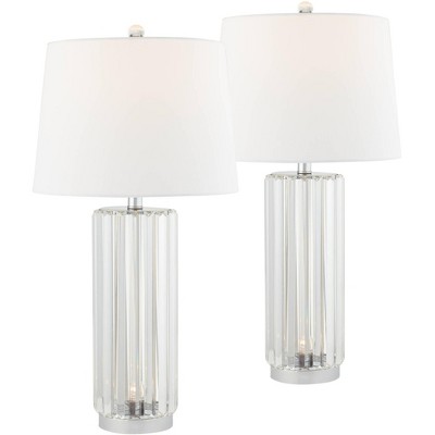 Regency Hill Traditional Table Lamps Set of 2 with Night Light Clear Glass Rod Brushed Nickel White Drum Living Room Bedroom House