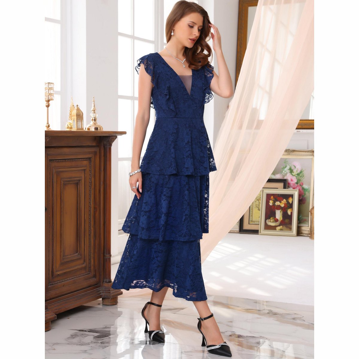 Женские платья INSPIRE CHIC Women's Lace Cocktail Evening Ruffle Cap Sleeves Tiered A-Line Maxi Dresses Medium Blue — фото 2