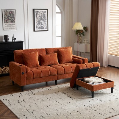 77.2"W Chenille Upholstered L-Shaped Sofa with Storage Ottoman, Tufted Couch with Pillows, Charging Station and Side Pockets - ModernLuxe