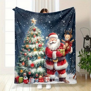 Lomsoe Vintage Santa Claus & Christmas Tree Print Flannel Blanket - All Seasons Soft Cozy Warm Throw Blanket for Bed, Napping, Camping, Travel, Office - 1 of 4