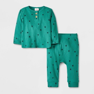 Image of Baby Boys' Cozy Ribbed Top & Bottom Set - Cat & Jack™ Dark Green 0-3M