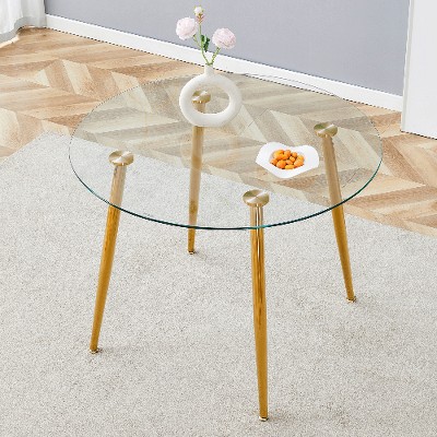 NicBex Modern Round Dining Table with Glass Top & Gold-Plated Metal Legs, Minimalist Circular Dining Table for 4-6, Kitchen Table for Dining Room