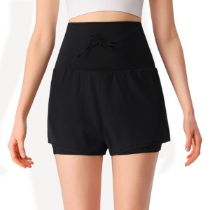 Anna-Kaci Women's High Waist Double Layer Running Shorts with Drawstring Closure and Mesh Detail - 1 of 4