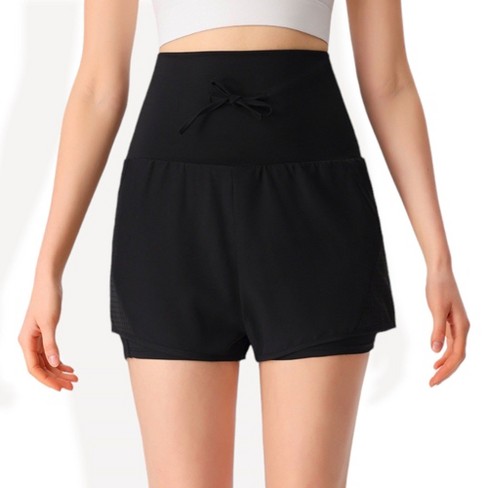 Anna-Kaci Women's High Waist Double Layer Running Shorts with Drawstring Closure and Mesh Detail - image 1 of 4