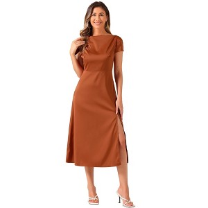Allegra K Women's Satin Cowl Neck Cap Sleeve Backless Twist Split Midi Cocktail Dress - 1 of 4
