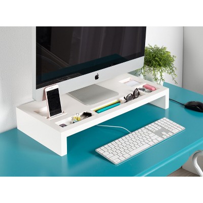 White Wood Desktop Organizer Monitor Stand with Storage Slots