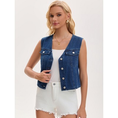 INSPIRE CHIC Women's Denim V Neck Western Button Up Sleeveless Cropped Jean Waistcoat Large Dark Blue — фото 2