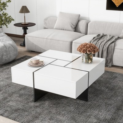 ALEXOUN Extendable Coffee Table with 4 Hidden Storage & High-Gloss Surface, Modern Square Sliding Tabletop for Living Room, Work, and Family