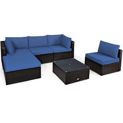 Tangkula 6PCS Patio Rattan Furniture Set Outdoor Sectional Sofa Set w/Coffee Table & Ottoman Black/Navy/Turquoise/Red/Brown