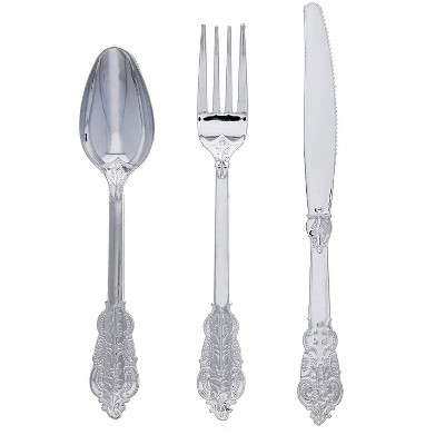 Sparkle and Bash 72-Piece (Serves 24) Silver Vintage Disposable Plastic Cutlery Forks Knives Spoons Party Supplies