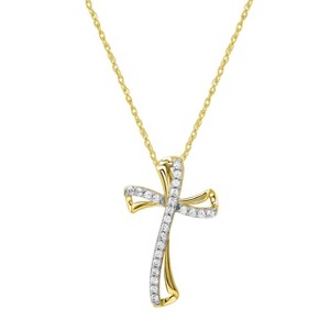GILDED 1/4 cttw Twist Cross Pendant Necklace in 10KT Yellow Gold or 14KT Yellow Gold Plated over Sterling Silver, Natural Round-Cut Diamond, 18" Chain - 1 of 4