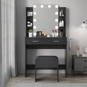 Makeup Vanity with Mirror and Lights, Vanity Desk with 2 Drawers 6 Shelves, Hair Dryer Rack & Stool,Dressing Table with Storage for Bedroom - 1 of 4