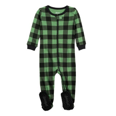 Image of Leveret Footed Cotton Pajama Buffalo Check Plaid Black & Green 0-3 Month