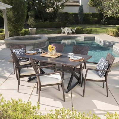 Adina 7pc Aluminum & Wicker Patio Dining Set - Brown - Christopher Knight Home