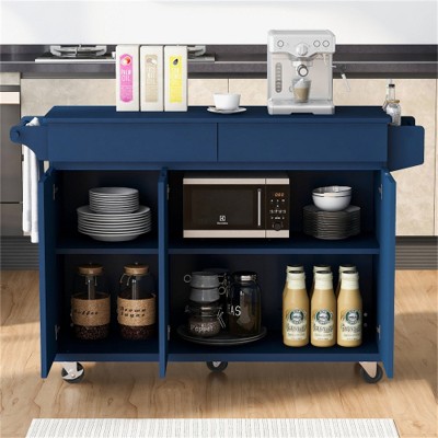 "LunaLulinlk 53.2'' Kitchen Island with Drop Leaf, Kitchen Storage Cart with Spice Rack, Towel Rack and 2 Drawers, Navy Blue "