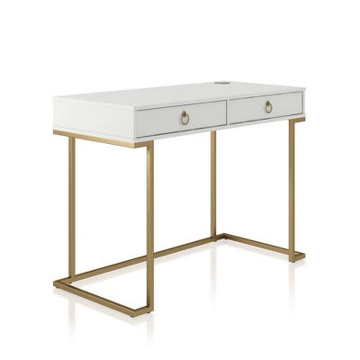 Camila White 44" Modern Writing Desk with Gold Accents & Wireless Charging