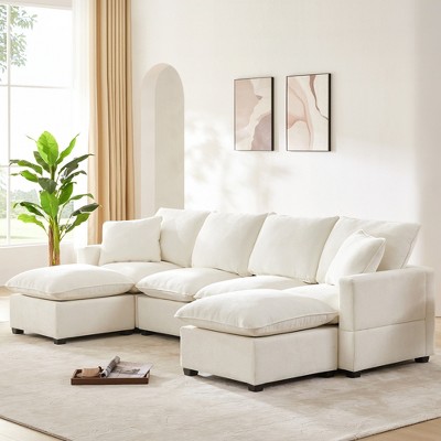 MYINDA Modern U Shape Modular Sofa, 6 Seat Chenille Sectional Couch Set with 2 Pillows for Living Room, BEIGE