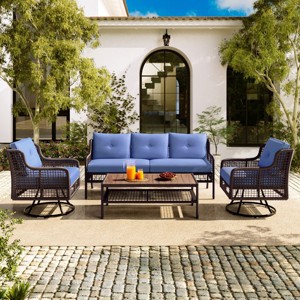 4 Piece Rattan Garden Furniture Sets,Outdoor Wicker Couch,Rattan Outdoor Sectional Sofa Set with Swivel Chairs and Sponge Cushions-Coolbibila - 1 of 4
