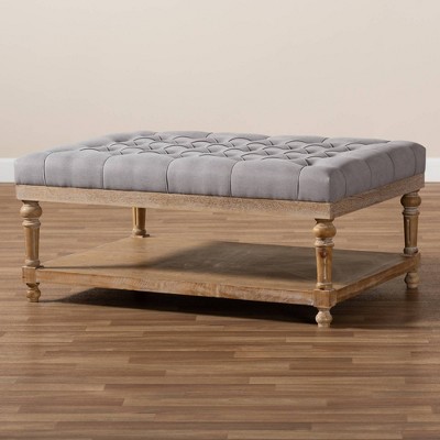 Lindsey Grey Linen and Greywashed Wood Tufted Cocktail Ottoman