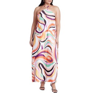 ELOQUII Women's Plus Size Tie Neck Printed Maxi Dress - 1 of 3