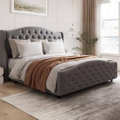 homfan Modern Velvet Upholstered Bed Frame with Tufted Raised Wing Back Headboard, Wood Slats Support, Mattress Foundation, Easy to Assemble