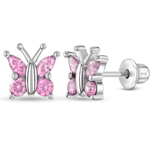 Girls' Dainty CZ Butterfly Screw Back Sterling Silver Earrings - Pink - In  Season Jewelry