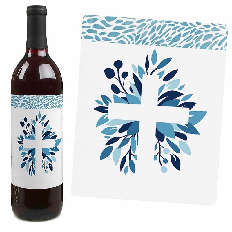 Big Dot of Happiness Baptism Blue Elegant Cross - Boy Religious Party Decorations for Women and Men - Wine Bottle Label Stickers - Set of 4, 3 of 9