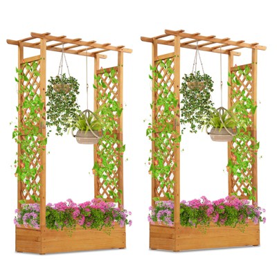 Costway 1/2 PCS 70” Wooden Raised Garden Bed with Lattice Trellis, Hanging Roof, Open-Ended Base