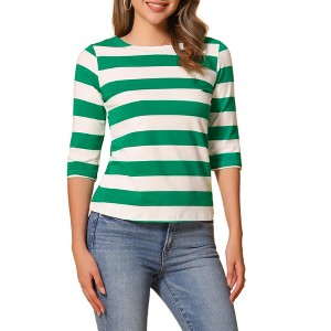 INSPIRE CHIC Women's Stripes Casual Basic Elbow Sleeves Boat Neck Slim Fit T-Shirts - 1 of 4